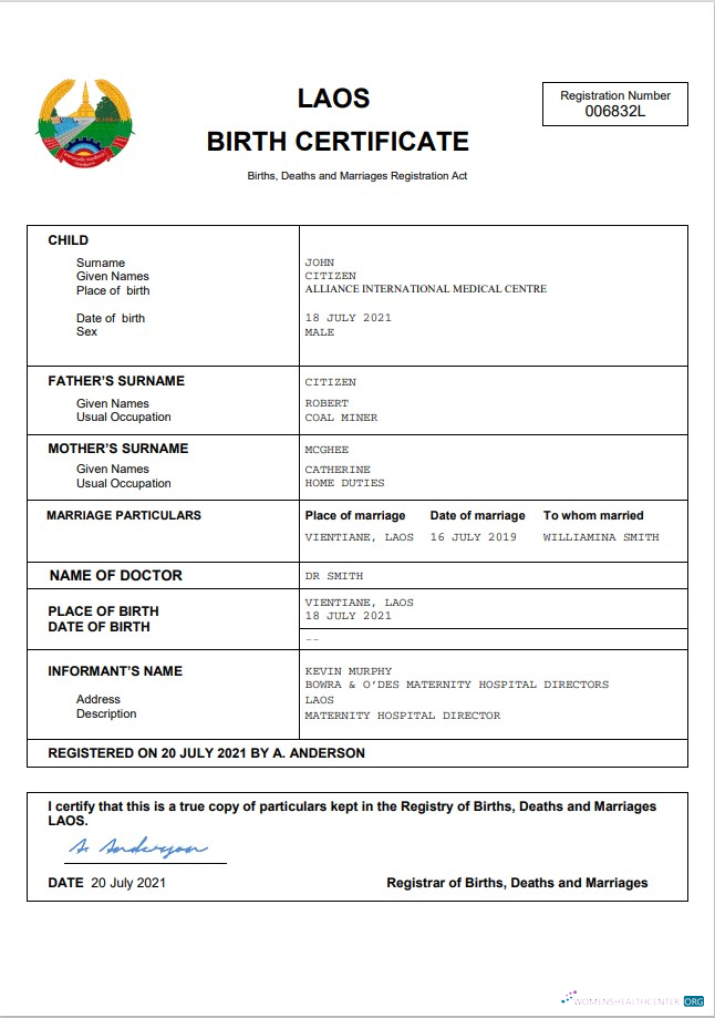 Download Laos birth certificate Word and PDF template Photoshop template